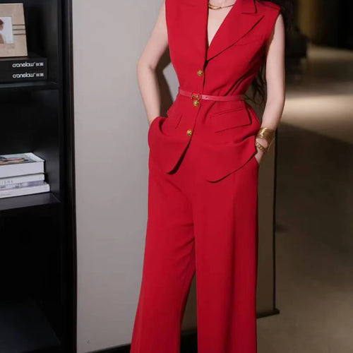 Load image into Gallery viewer, Solid Temperament Two Piece Sets for Women Lapel Sleeveless Spliced Single Breasted Top High Waist Pant Set Female
