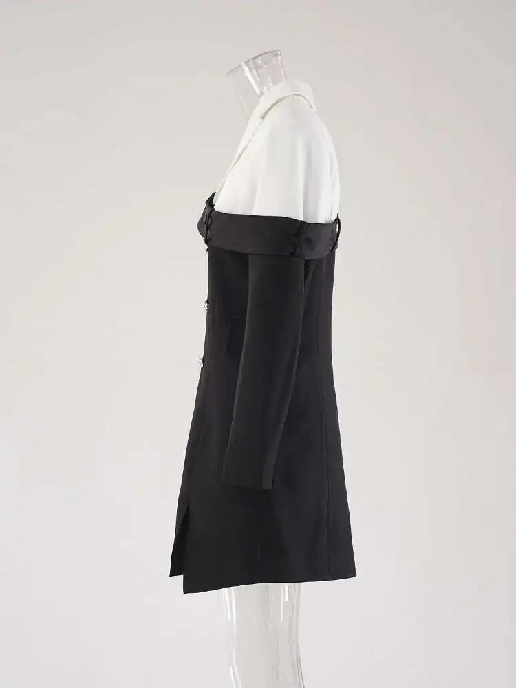 Women Black Double Breasted Color-block Mini Blazer Dress New Lapel Long Sleeve Fashion Tide Spring Autumn 2025 CPDB254