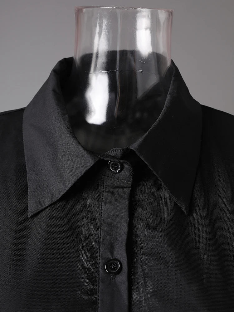 Women Black Layers Mesh Big Size Midi Vest Shirt Dress New Lapel Sleeveless Fashion Tide Spring Summer 2025 1DH9472