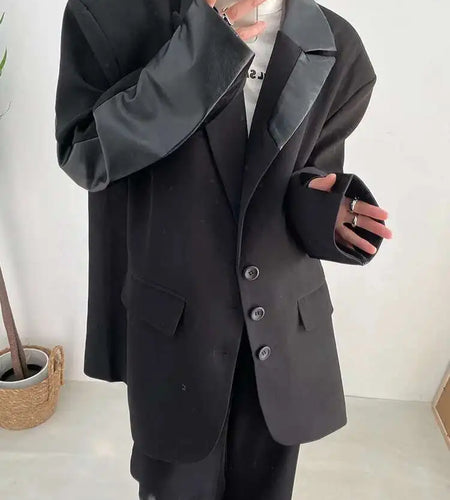 Women Black Pu Leather Shaped Big Size Blazer New Lapel Long Sleeve Loose Jacket Fashion Tide Spring Autumn 2025 1DF0389