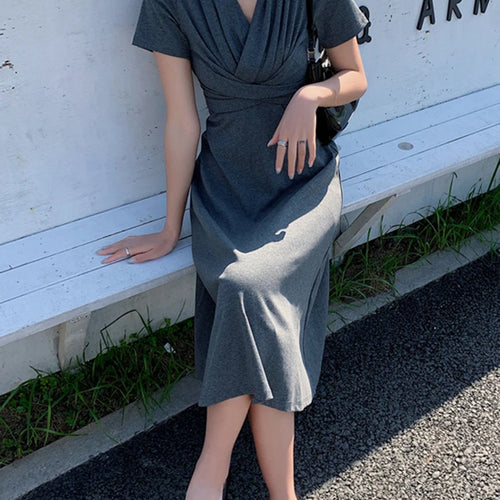 Load image into Gallery viewer, Korean Style Sexy V-Neck Solid Color Short-Sleeved Maxi Dress Youthful A-Line Elegant Dress Female Grey Summer Dress
