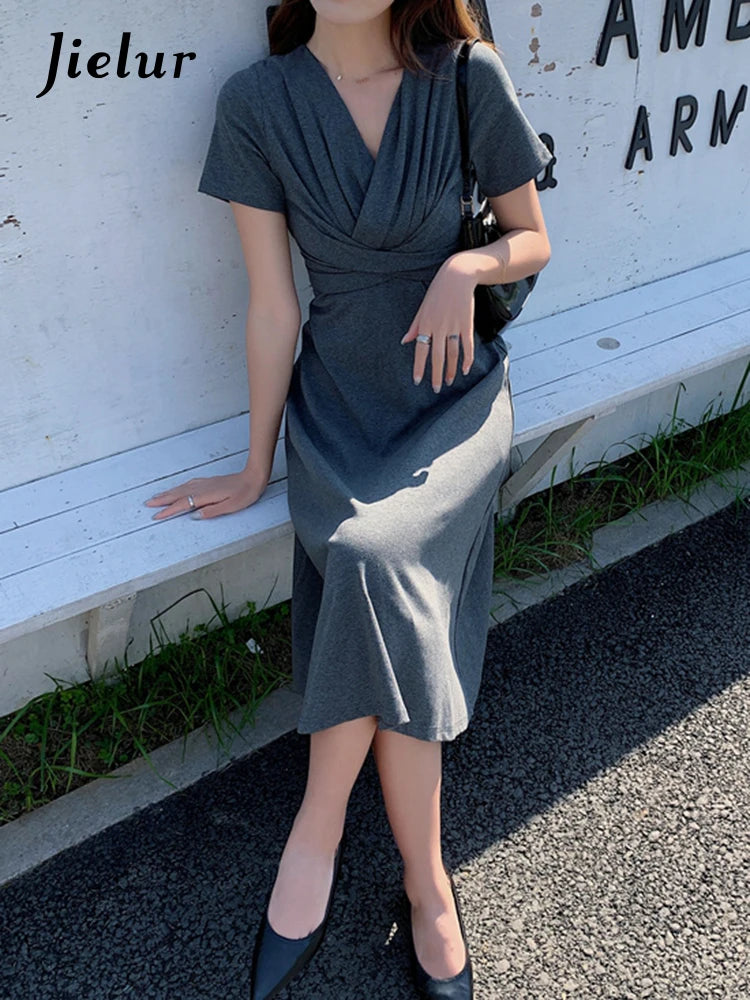 Korean Style Sexy V-Neck Solid Color Short-Sleeved Maxi Dress Youthful A-Line Elegant Dress Female Grey Summer Dress