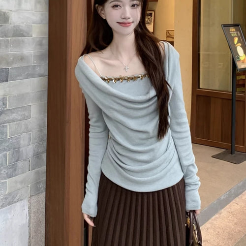 Load image into Gallery viewer, Korean Chic Fake Two Piece Long Sleeve T-Shirts Y2k Aesthetic Sequined Slim Women's Tops Harajuku Pleated Bottoming Tees Femme
