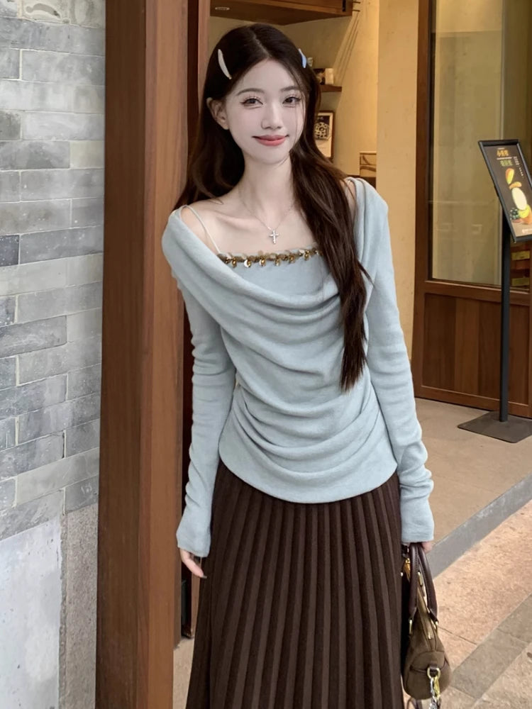 Korean Chic Fake Two Piece Long Sleeve T-Shirts Y2k Aesthetic Sequined Slim Women's Tops Harajuku Pleated Bottoming Tees Femme