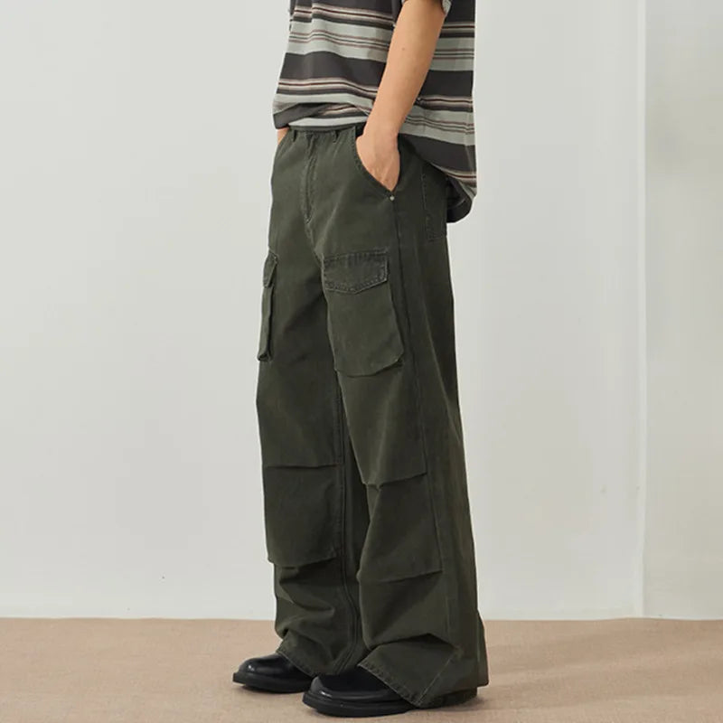 Men's Cargo Pants New American Style Multi Pockets High Street Straight Wide Leg Pants Solid Color Male Trousers 9W1898