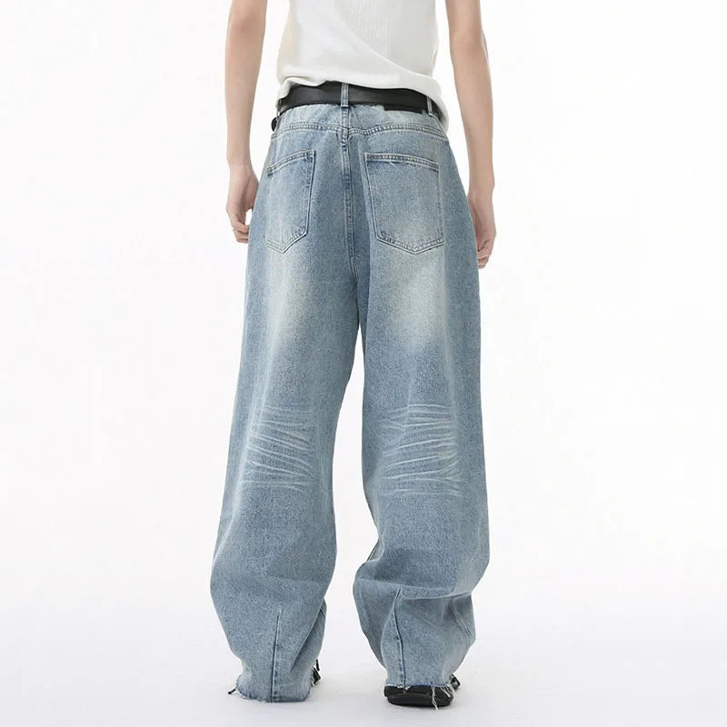 Men's Jeans Solid Color Design Personalized Pleated Casual Curved Knife Fashion Loose Washed Male Denim Pants Summer 9W1587