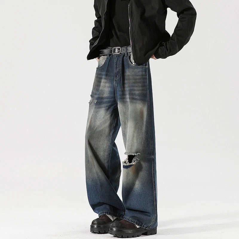 Men's Jeans Washed Dirty Ripped Stylish Hole Worn-out Design High Street Straight Leg Trendy Male Casual Trousers 9W2024