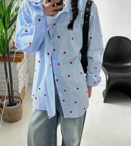 Women Blue Striped Printed Big Size Casual Blouse New Lapel Long Sleeve Shirt Fashion Tide Spring Autumn 2025 1DJ0470