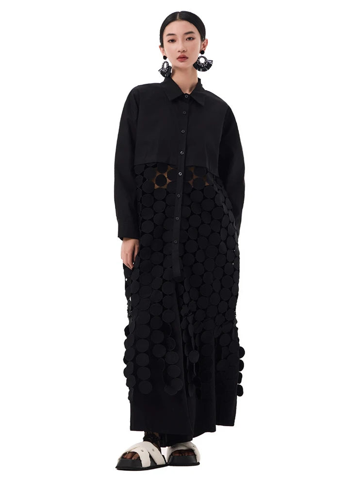 Women White Dot Tassels Hollow Out Midi Big Size Shirt Dress New Lapel Long Sleeve Fashion Tide Spring Autumn 2025 1DH9464