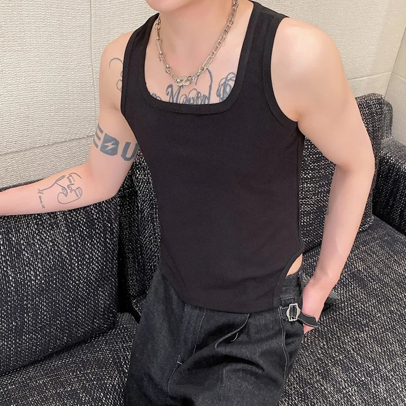 Tight Tank Top Trend Summer Personalized Square Neck Short Sleeveless Menwear Soild Color Vest Casual Clothes 9C5243