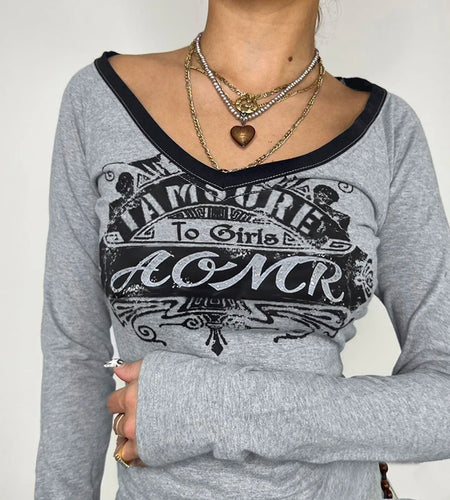 Harajuku V Neck Grey Autumn Tee Shirts Slim Y2K Aesthetic Graphic Printed Women's T-shirt Stitching Casual Top Gothic