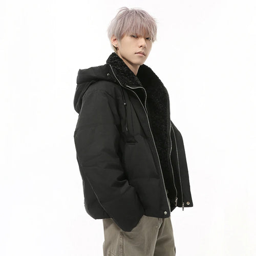 Load image into Gallery viewer, Niche Design Men&#39;s Down Jackets Fake Two-piece Hooded Stand Collar Solid Color Drawstring Casual Short Male Coats 9C9327
