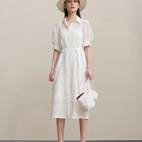 Women's Dress 2026 Spring New Casual A-Line Loose Long Dress Women's Embroidery Short Sleeve Belted Woman Clothing 12641104