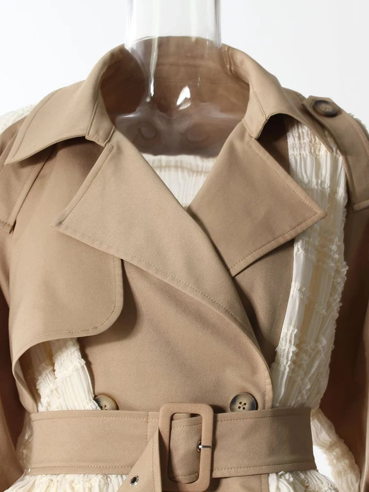 Women Khaki Lace Ruffles Big Size Long Trench New Lapel Long Sleeve Windbreaker Fashion Tide Spring Autumn 2025 7AB8040