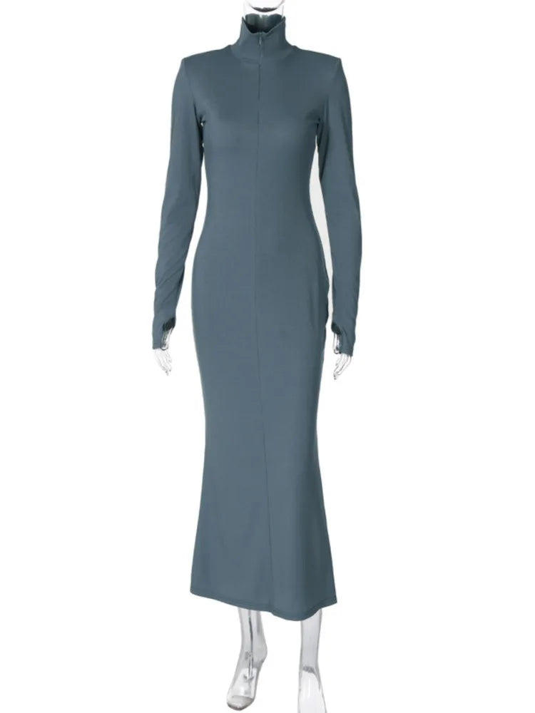 Elegant Turtleneck Long Sleeve Bodycon Long Dress For Women Autumn Winter New Ribbed Zipper Long Dress Fashion Clothes