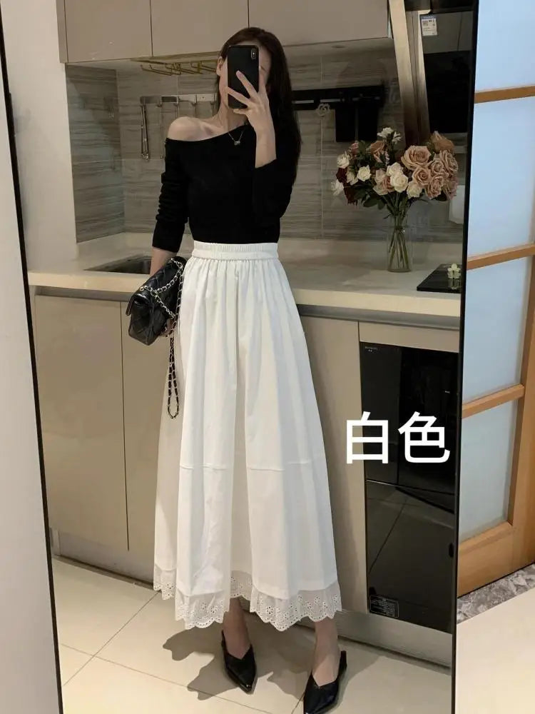 Spring Summer French Fashion Patchwork Lace Elegant Versatile Long Skirt Women Vintage High Waisted Vacation Pleated Half Skirts