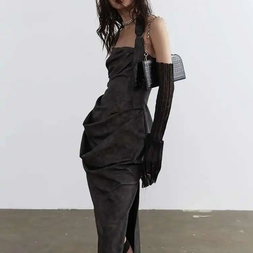 Load image into Gallery viewer, Women Gray Shaped Pleated Pu Leather Long Elegant Strapless Dress New Sleeveless Fashion Tide Spring Autumn 2025 1DH4724
