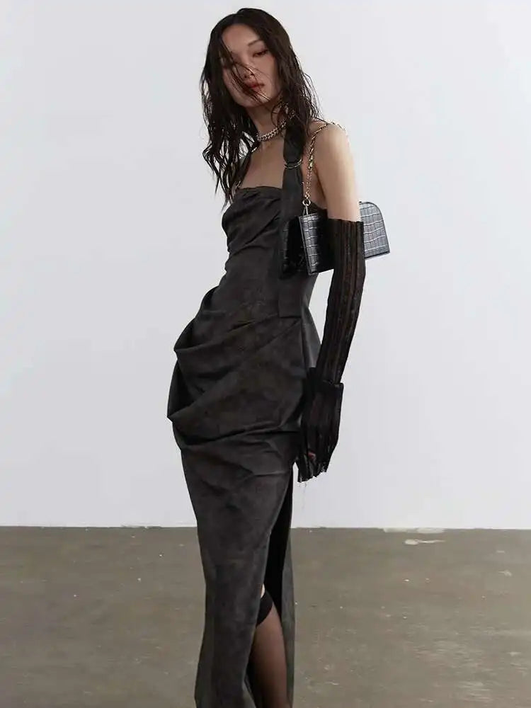 Women Gray Shaped Pleated Pu Leather Long Elegant Strapless Dress New Sleeveless Fashion Tide Spring Autumn 2025 1DH4724