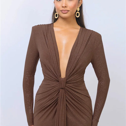 Load image into Gallery viewer, Glitter Deep V Neck Sexy Maxi Dress For Women Elegant Sparkle Long Sleeve Ruched Bodycon Split Club Party Sexy Dress
