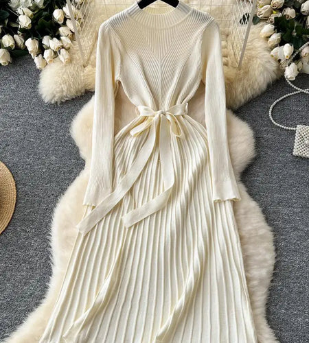 Autumn Black Beige Round Neck Elegant Bandage Slim Knitted Dresses Women's Fashion Long Sleeve Festival Office Dress Simplicity
