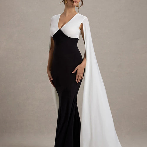 Load image into Gallery viewer, Cape Sleeve V Neck Sexy Maxi Dress For Women White Black Patchwork Backless Bodycon Evening Sexy Long Dress Elegant
