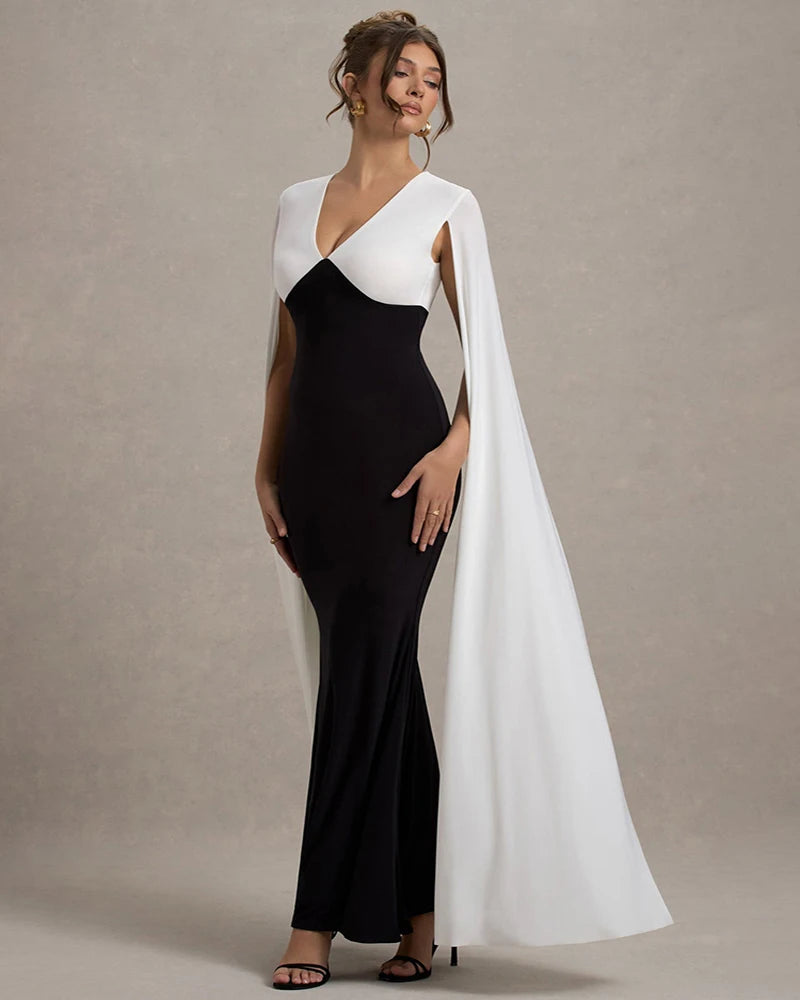 Cape Sleeve V Neck Sexy Maxi Dress For Women White Black Patchwork Backless Bodycon Evening Sexy Long Dress Elegant