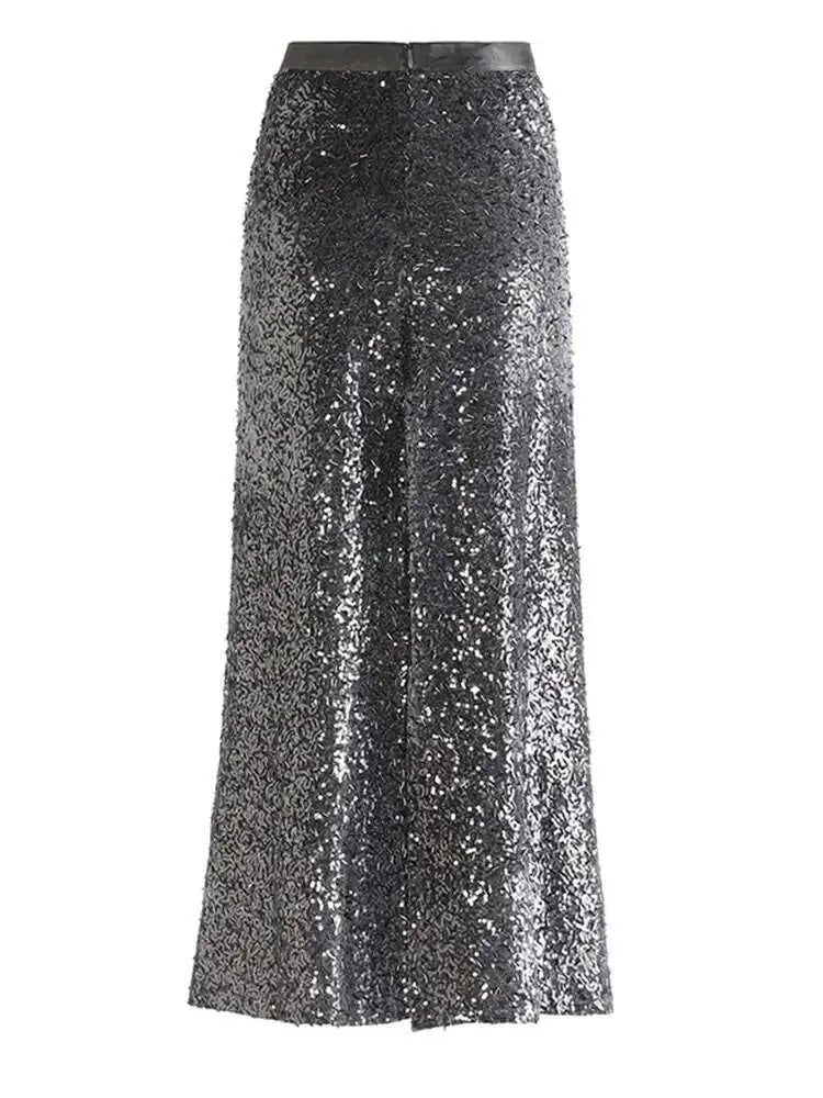 High Elastic Waist Gray Sequins Shining Elegant Long Half-body Skirt Women Fashion Tide New Spring Autumn 2025 1DH7488