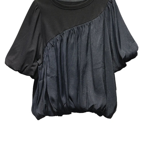 Load image into Gallery viewer, Women Black Irregular Pleated Big Size Casual T-shirt New Round Neck Short Sleeve Fashion Tide Spring Summer 2025 1DJ0558
