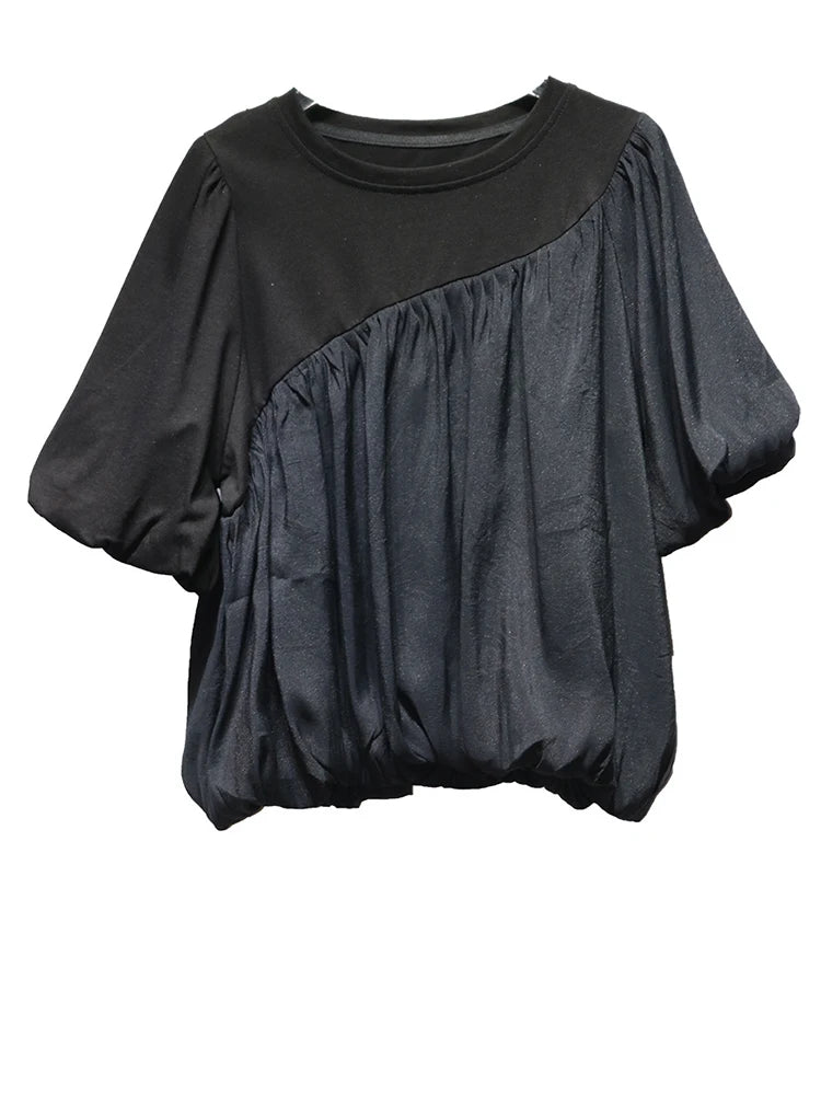 Women Black Irregular Pleated Big Size Casual T-shirt New Round Neck Short Sleeve Fashion Tide Spring Summer 2025 1DJ0558