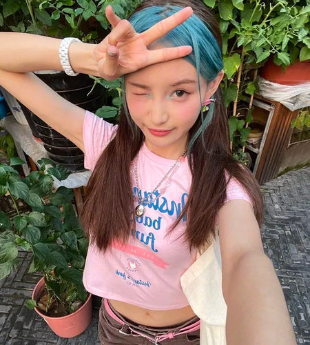 Y2k Aesthetics Pink T-shirt Korean Fashion Designer Clothes Kawaii Slim Crop Top Grunge Letter Print Short Sleeve Tshirt