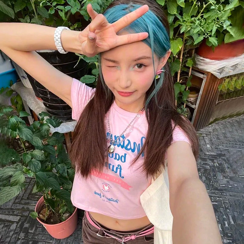 Y2k Aesthetics Pink T-shirt Korean Fashion Designer Clothes Kawaii Slim Crop Top Grunge Letter Print Short Sleeve Tshirt