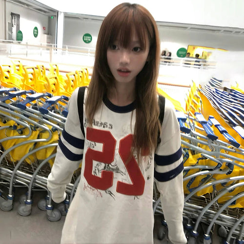 Load image into Gallery viewer, Japanese Y2k Number Print T-shirt 2000s Aesthetics Long Sleeve Jersey Tops Vintage Harajuku Streetwear American Retro
