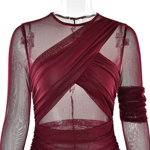 Load image into Gallery viewer, Mesh Ruched Sexy Maxi Dress For Women Fashion Zipper Patchwork See Through Long Sleeve Elegant Club Party Long Dress
