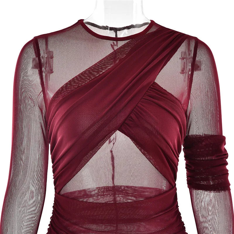 Mesh Ruched Sexy Maxi Dress For Women Fashion Zipper Patchwork See Through Long Sleeve Elegant Club Party Long Dress