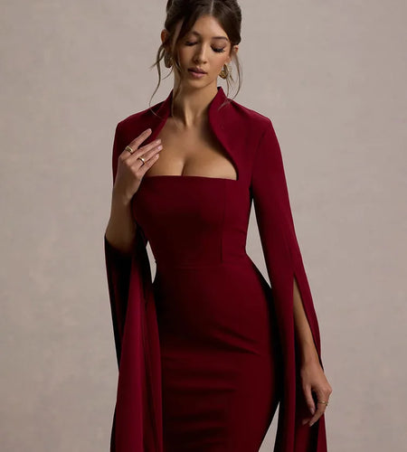 Elegant Long Sleeved Elastic Tight Dress For Women Autumn/Winter 2025 New Dress Sexy Long Slit Party Club Evening Dress