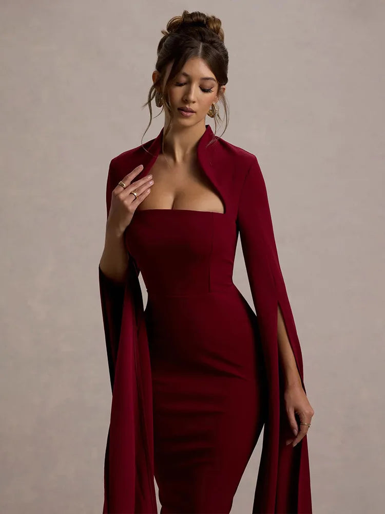 Elegant Long Sleeved Elastic Tight Dress For Women Autumn/Winter 2025 New Dress Sexy Long Slit Party Club Evening Dress