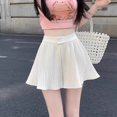 Load image into Gallery viewer, Women Sweet Black White Vacation Zipper Pleated Short Pant Summer Pink High Waist Wide Leg A-line Mini Shorts Casual Simplicity
