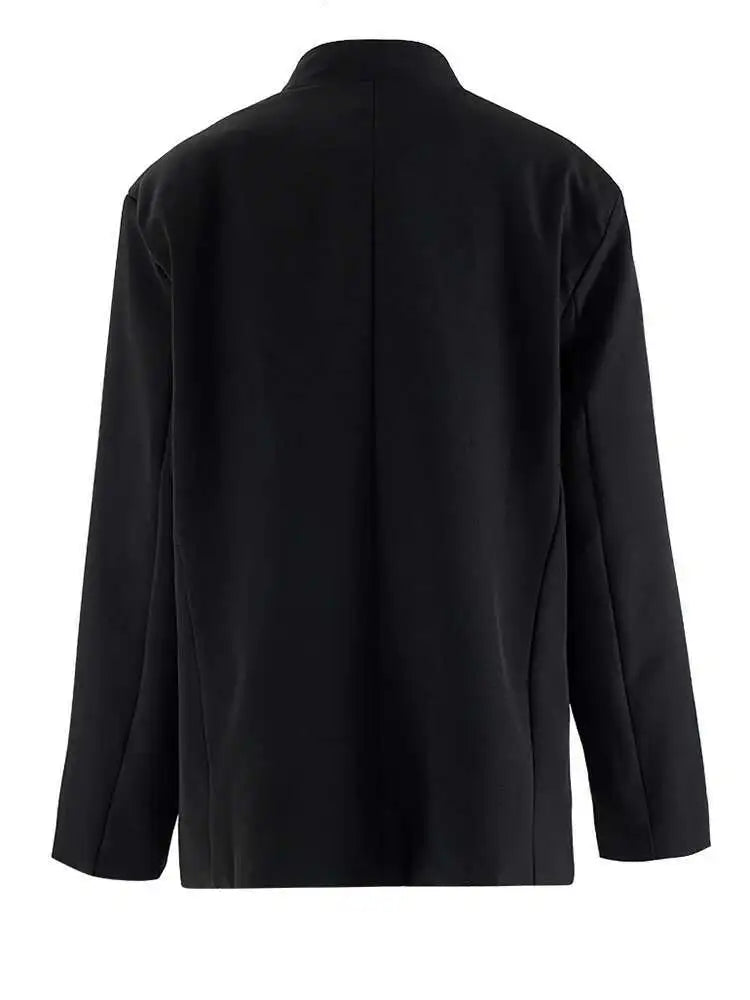 Women Black Ribbon Color-block Big Size Blazer New Stand Collar Long Sleeve Jacket Fashion Tide Spring Autumn 2025 CPG2037