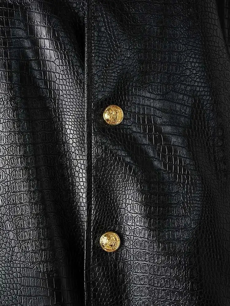 PU Leather Black Brief Big Size Elegant Jacket New O-neck Long Sleeve Women Coat Fashion Tide Spring Autumn 2025 CPG2506