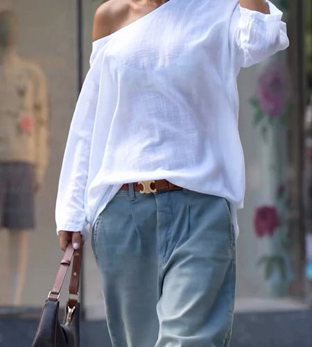 Summer Spring Casual White T-shirts  One-shoulder Long Sleeves Loose Simple Basic Tops Tee Shirts S-2XL