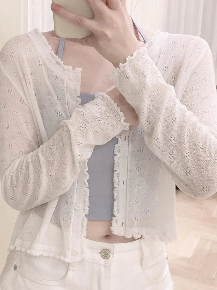 Women Summer Sun Protection Coat Lace Hollow Cardigan Lolita Female Blouse Tops Covers Blusa Y2K Korean All Match 2025