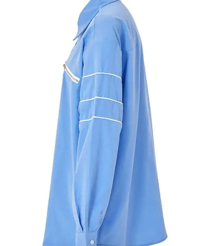 Women Blue Zipper Color-block Big Size Blouse New Lapel Long Sleeve Loose Fit Shirt Fashion Spring Autumn 2025 1DF8121
