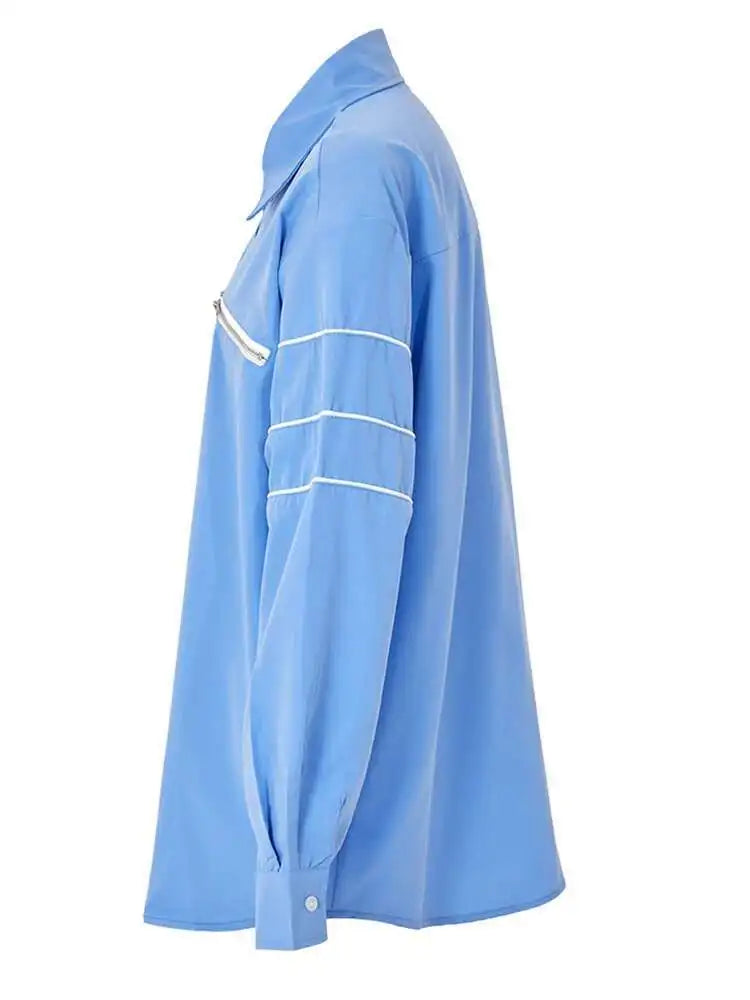 Women Blue Zipper Color-block Big Size Blouse New Lapel Long Sleeve Loose Fit Shirt Fashion Spring Autumn 2025 1DF8121