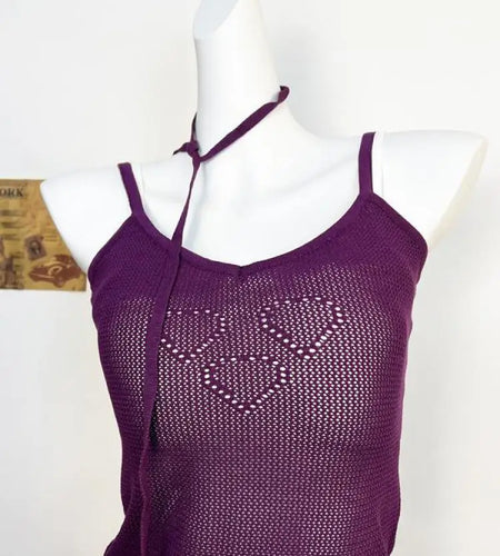 Summer Women Purple Slim V-neck Sleeveless Knitwears Tops Korean Fashion Sexy Club Hollowed Out Spaghetti Strap Short Vest Trend