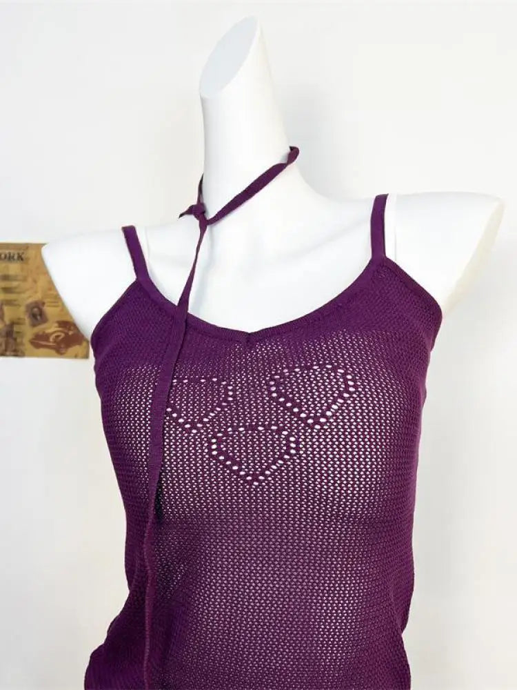 Summer Women Purple Slim V-neck Sleeveless Knitwears Tops Korean Fashion Sexy Club Hollowed Out Spaghetti Strap Short Vest Trend