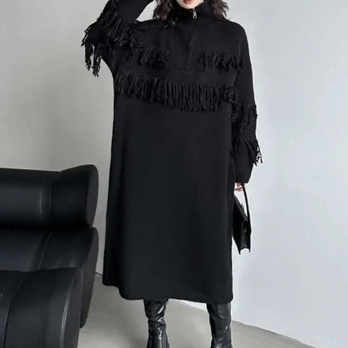 Load image into Gallery viewer, Women Black Tassels Knitting Big Size Midi Dress New Turtleneck Long Sleeve Loose Fit Fashion Spring Autumn 2025 1DH1601
