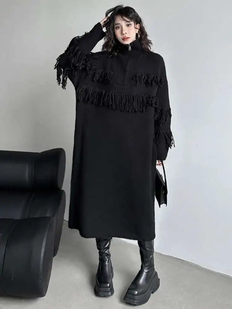 Women Black Tassels Knitting Big Size Midi Dress New Turtleneck Long Sleeve Loose Fit Fashion Spring Autumn 2025 1DH1601