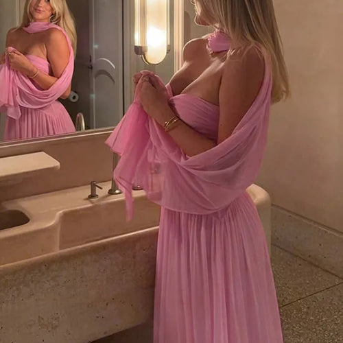 Load image into Gallery viewer, Scarf Collar Backless Sexy Maxi Dress For Women Gown Pink Strapless Off-shoulder Backless Mesh Long Dress Vestido
