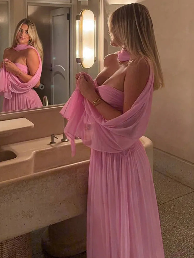 Scarf Collar Backless Sexy Maxi Dress For Women Gown Pink Strapless Off-shoulder Backless Mesh Long Dress Vestido