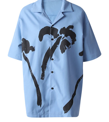 Women Blue Pattern Printed Big Size Casual Blouse New Lapel Short Sleeve Shirt Fashion Tide Spring Summer 2025 CPG3077